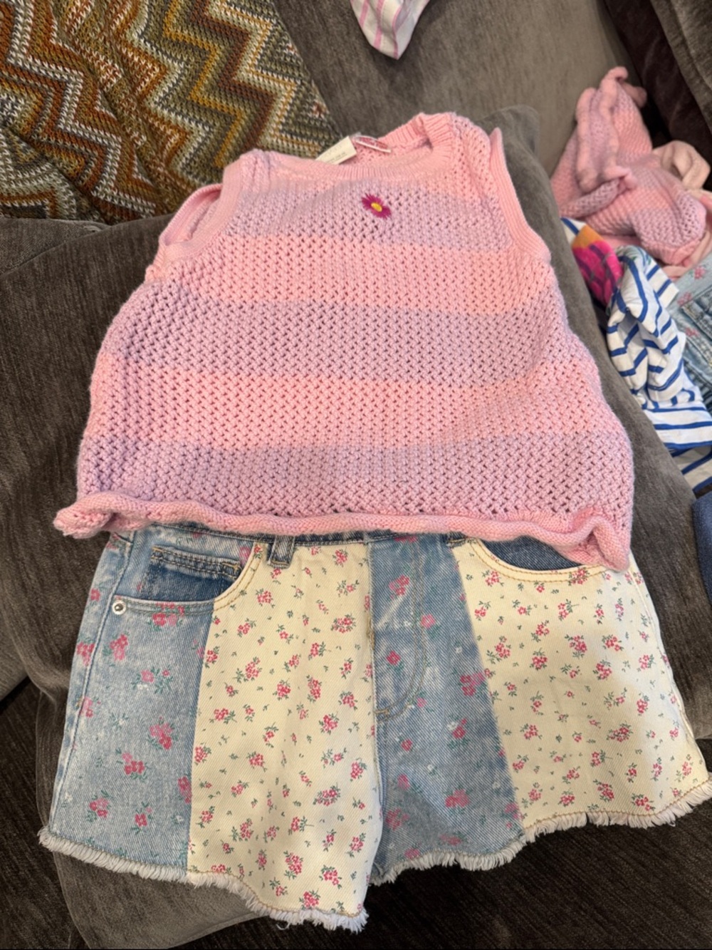 Zara Pink Knit Tank and Floral Patchwork Denim Skirt Set